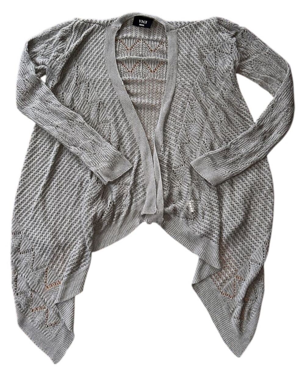 Vici Open Front Asymmetrical Crochet Knit Gray Cardigan Small